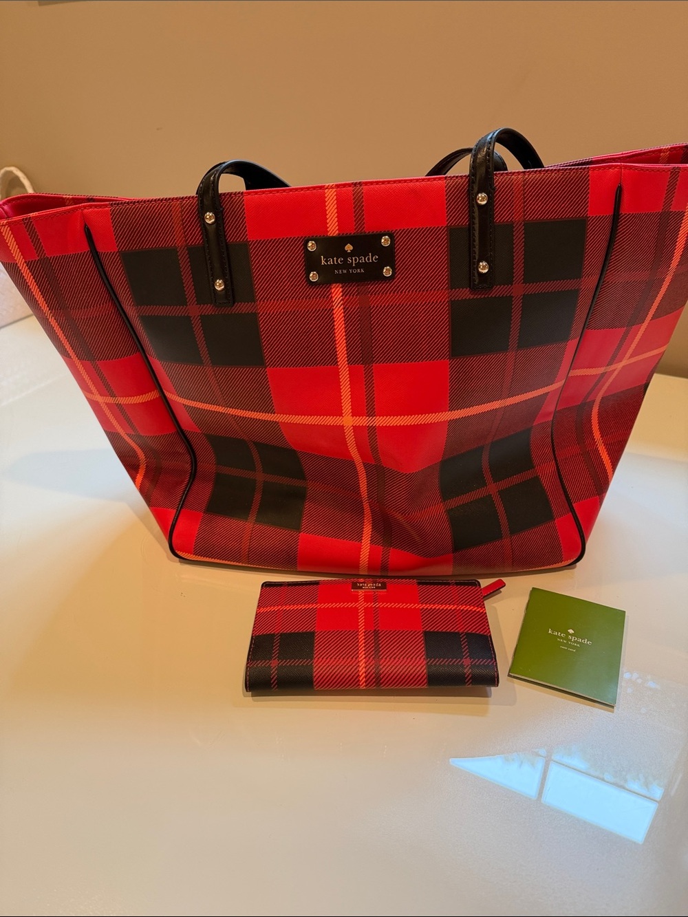 Kate Spade New York Red Plaid Tote Bag and Wallet